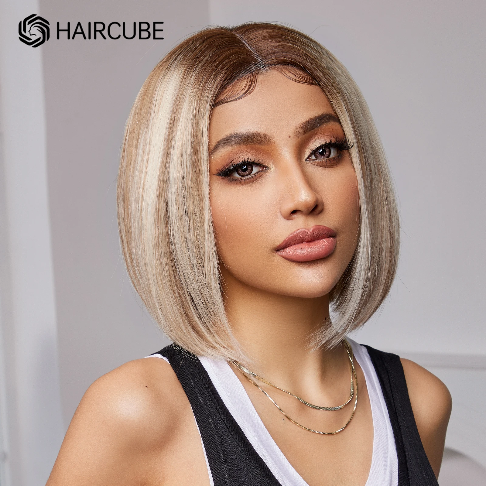 Lace Front Human Hair Wigs Blonde Mixed Brown Short Straight Human Hair Lace Wigs for Women Daily Pre Plucked Lace Frontal Wigs