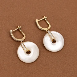 G-G Natural White Sea Shell Pearl Ping buckle Zircon Crystal Paved Gold Plated Stud Dangle Earrings Handmade Women Jewelry Gifts