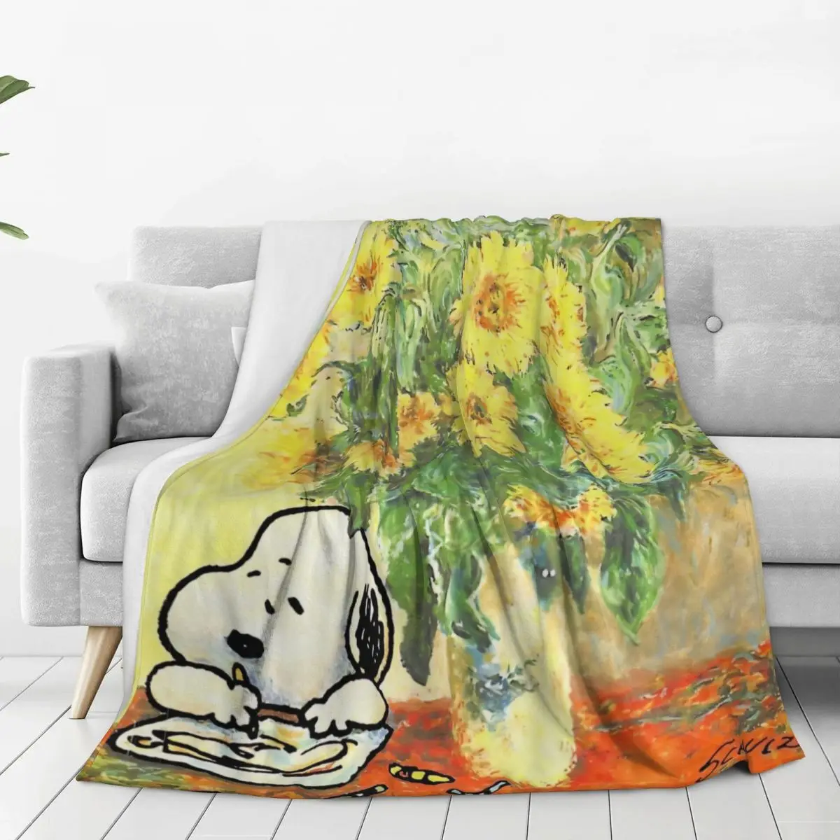 Sunflower Snoopy Blanket Miniso Soft Print Plush Bedding Throws For Home Decor Airplane Travel Flannel Bedspread Bed Cover