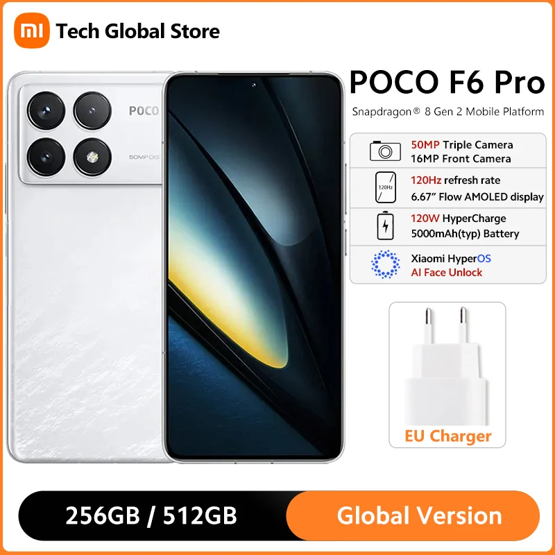 글로벌 버전 POCO F6 Pro 5G 스마트폰, 6.67 인치, 120Hz WQHD + AMOLED 디스플레이, 50MP 트리플 카메라, 120W 하이퍼차지, 5000mAh 배터리 