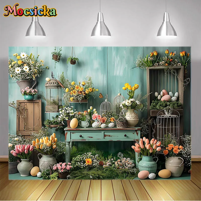 Mocsicka Spring Easter Backdrop for Photography Tulips Bunny Eggs Kids Adults Portrait Banner Photo Backgrounds Studio Props