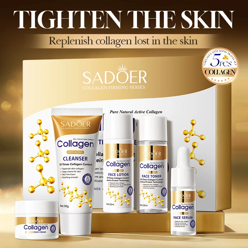 Conjunto de Cuidados com a Pele SADOER com Colágeno - 5 Peças, Creme Hidratante, Creme para Olhos, Sérum, Essência, Clareador e Anti-Envelhecimento