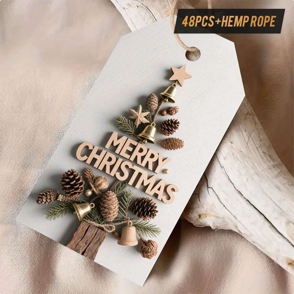 50pcs Rustic Farmhouse Christmas Gift Tags with Hemp Rope - Elegant Wood Grain Texture & Pinecone & Bell Cutouts