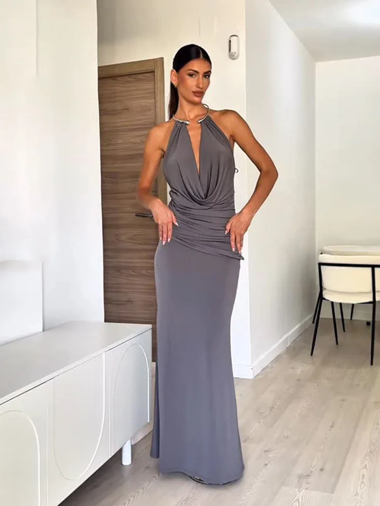 

HH Women's Summer Slim Sleeveless Dresses Solid Halter Collar Backless Decoration Female Fashion Elegant Sexy Long Dress