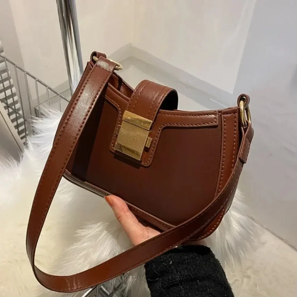 Vintage Trendy Ladies Underarm Shoulder Bag Solid Color Lacquer PU Leather Handbag Women Fashion Brand Simple Female Chain Purse