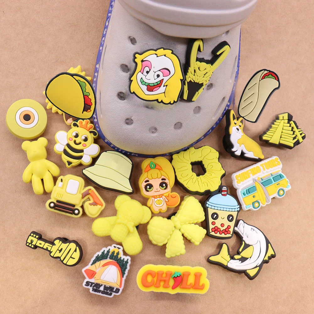 1-26Pcs Taco Dog Excavators Bear Yellow Series PVC Shoe Charms Decoration Crystal Buckle Clog DIY Boys Girlscute