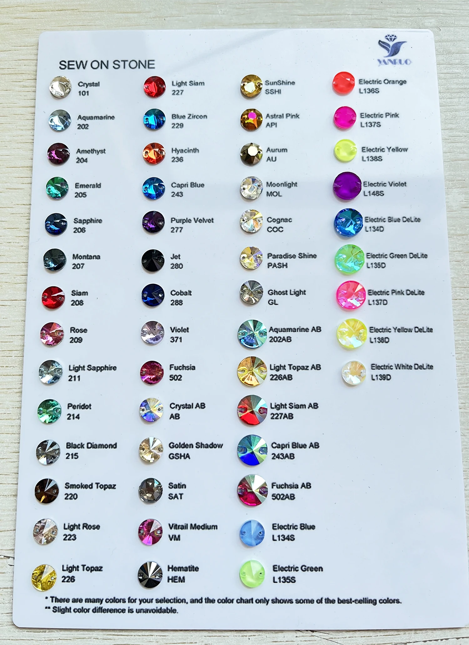 YANRUO Flatback Glitter Sew On Rhinestone Color Chart DIY Crafts Crystals Sewn Stones Color Card