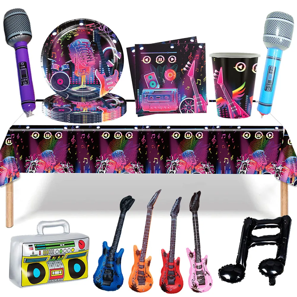 Music Birthday Party Supplies Paper Plates Cup Napkins Music Guitar Party Tableware Microphone Balloon Music Karaoke Decorations