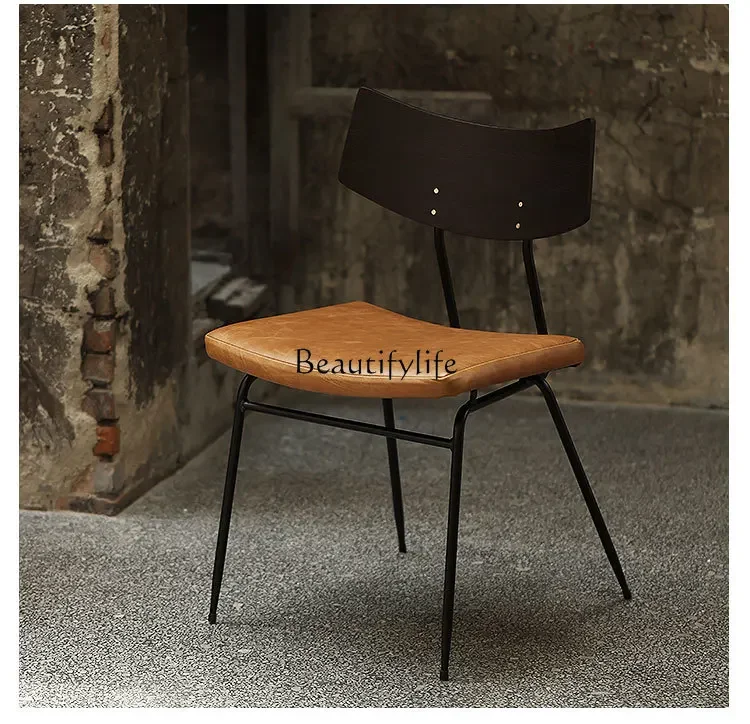 

XX39Industrial Style Niche Solid Wood Cast Iron Leather Dining Chair Household Leisure Chair