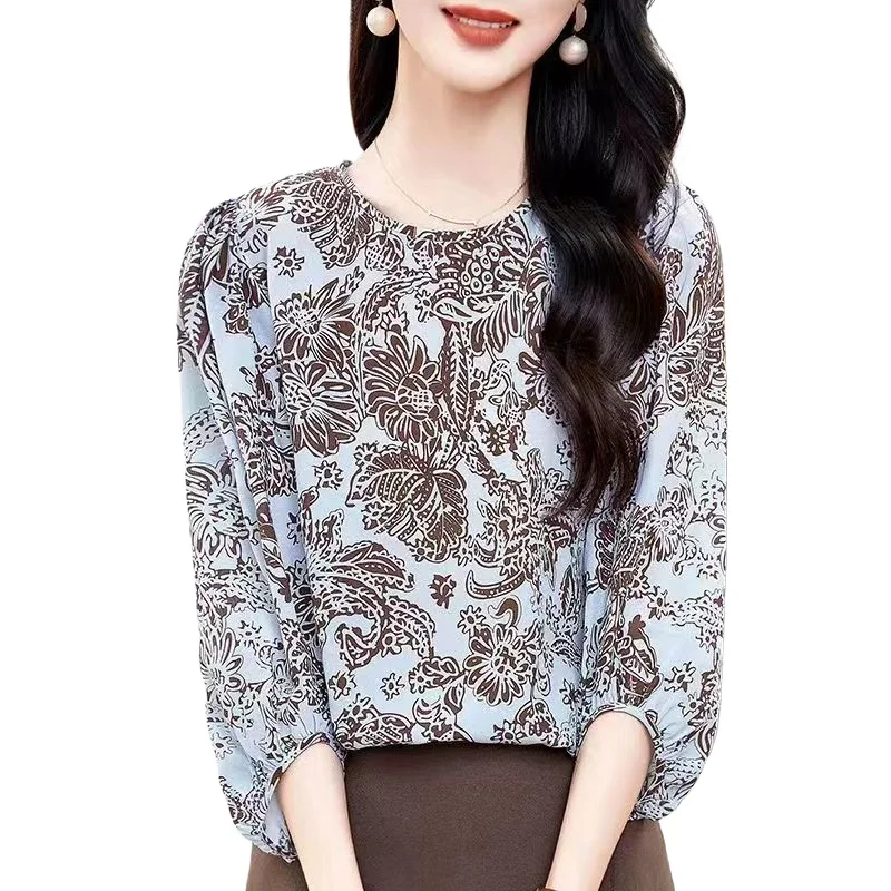 

100% Real Silk Women's Blouse Spring Summer Elegant Shirts Blouses for Women Loose Tops Three Quarter Sleeve Print Casual Shirt