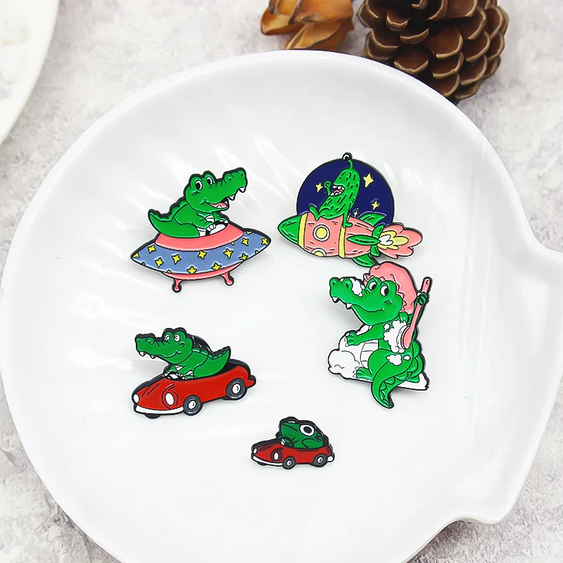 Pines Froggy UFO Universe Airship Red car Badge Jewelry Gift for Friends Funny Frog Crocodile Enamel Pins Custom Green Animal