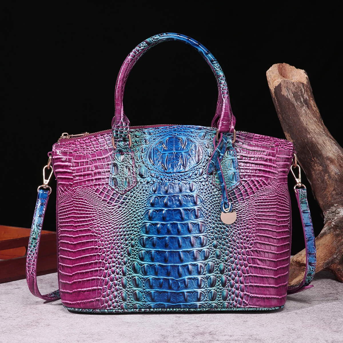 Crocodile Embossed Tote Bag Patent Leather Ombre Handbag Classic Style Satchel Purse Casual Large Crossbody Bag