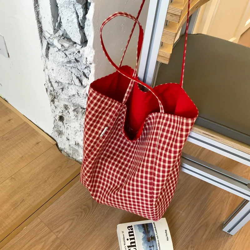 Korean-style Double-sided Plaid Canvas Tote Bag for Women  New Release, Niche Design, Spacious, Relaxed-fit Casual Shopping Tote