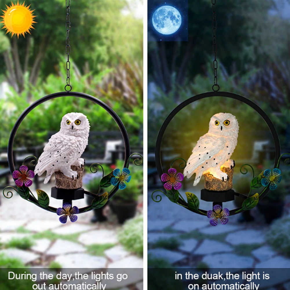 Garden Decoration Outdoor Waterproof Solar Powered LED Hook Hanging Light Resin Owl Shaped Sculptures Landscape Lights For Yard