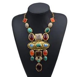 Vintage Jewelry Accessories Wholesale Long Multi Color Gem Stone Tribal Style Resin Bib Charming Statement Necklace for Women