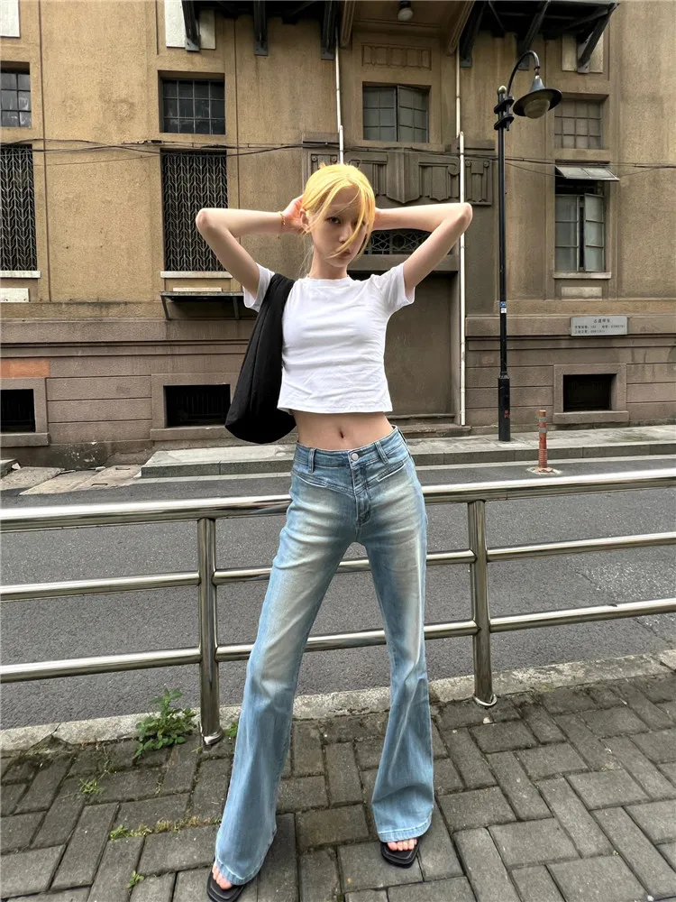 

American High Street Retro Low Waist Flared Jeans Women Slim Elastic Tall Extended Hoof Dragging Pants Zipper Closure