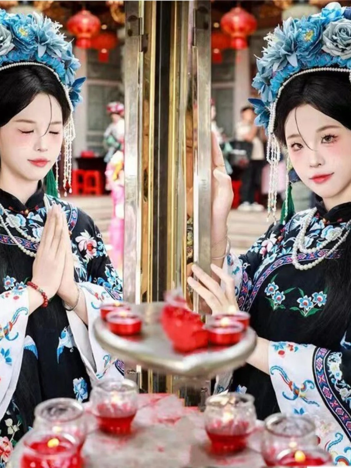 

Traditional Qing Dynasty Women's Hanfu Costume Set Side Buttoned Collar Stand-Up Collar Print Design Travel Photography Outfit