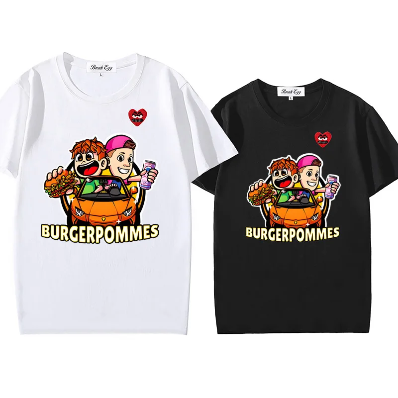 Burgerpommes Icrimax Graphics Printing Women Men T-shirt Cotton Cute Snag Heart Embroidery O-neck Short-sleeved Summer T-shirt