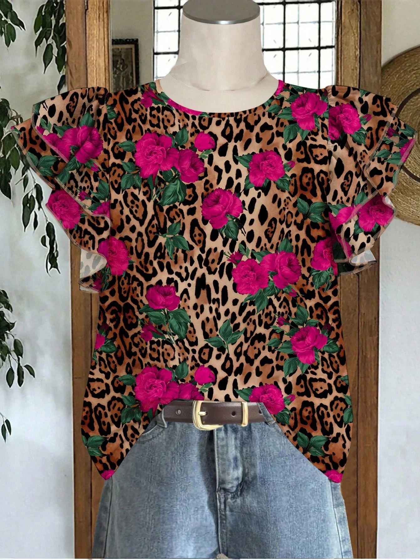 

Женская блузка с леопардовым принтом и цветочным узором, свободного кроя, с короткими рукавами, круглым вырезом, повседневный летний топ