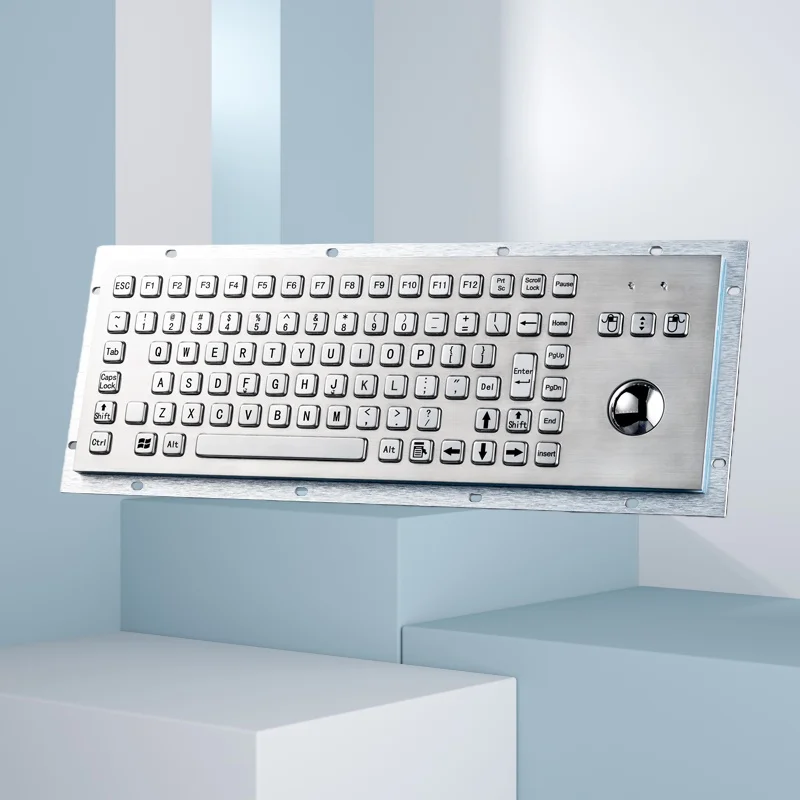 IP65 Waterproof Stainless Steel Industrial Keyboard with Trackball Mouse - Vandal-Proof Rugged Metal USB Keyboard for Kiosk, CNC