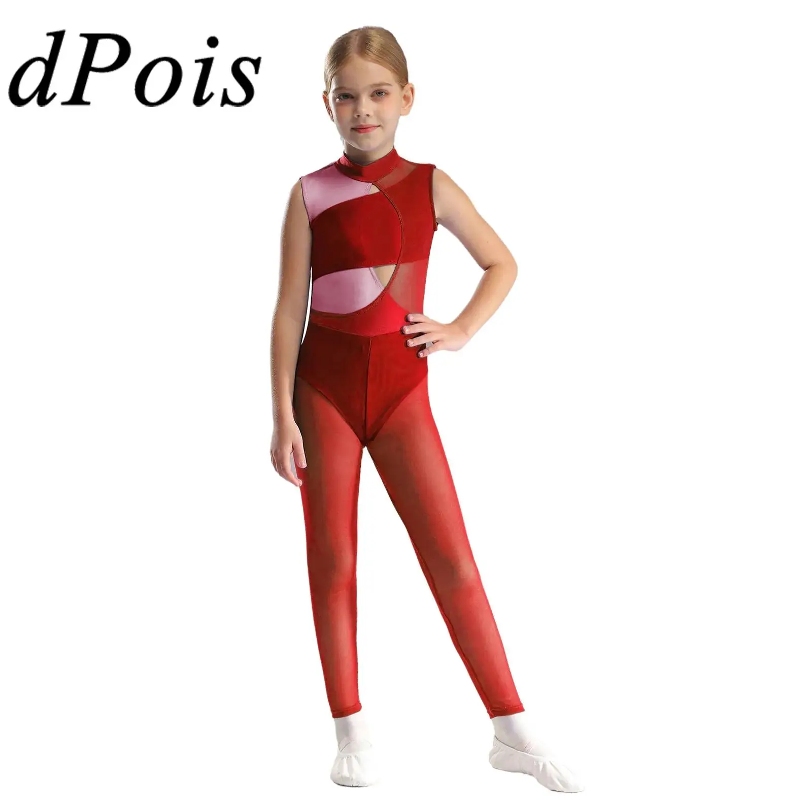 Children's Sleeveless Gymnastics Bodysuit Girls Patchwork Ice Skating Jumpsuit Kids Cutout Acrobatics Gym Yoga Workout Bodysuit