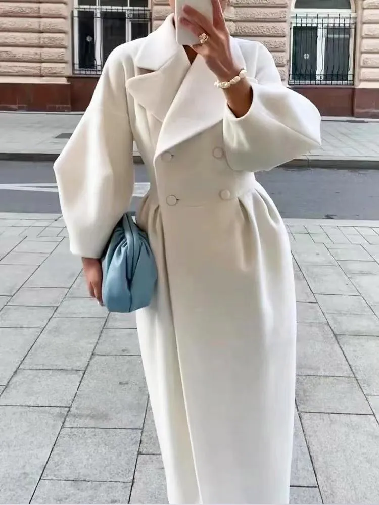 

Elegant White Retract Waist Long Woolen Coat Women Chic Fold Lapel Double Breasted Jacket Fall Winter New Lady Commute Overcoat