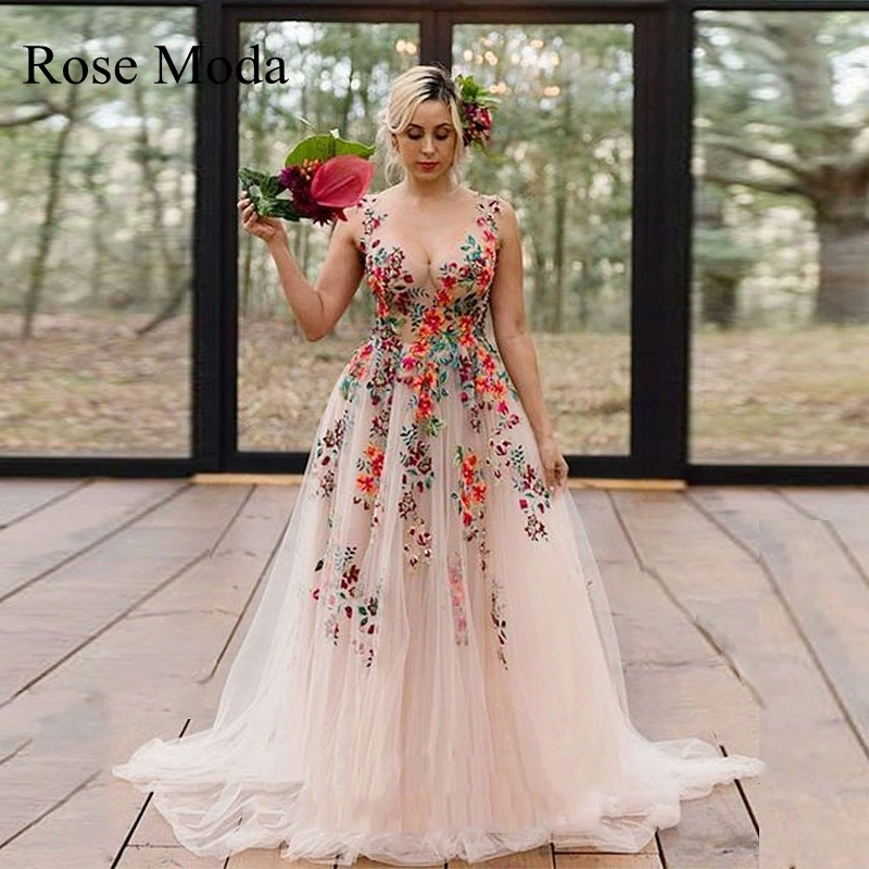 

Rose Moda V Neck Colorful Lace Wedding Dresses Pastel Floral Destination Bridal Gown Custom Make