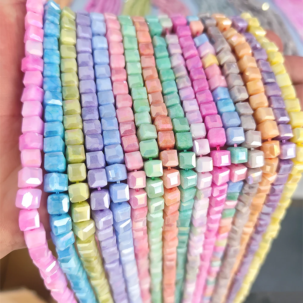 55Pcs/Lot 6mm Water Stained Porcelain Faceted Crystal Glass Beads Macaron Color Square Spacer Beads For DIY Making Phone Chains