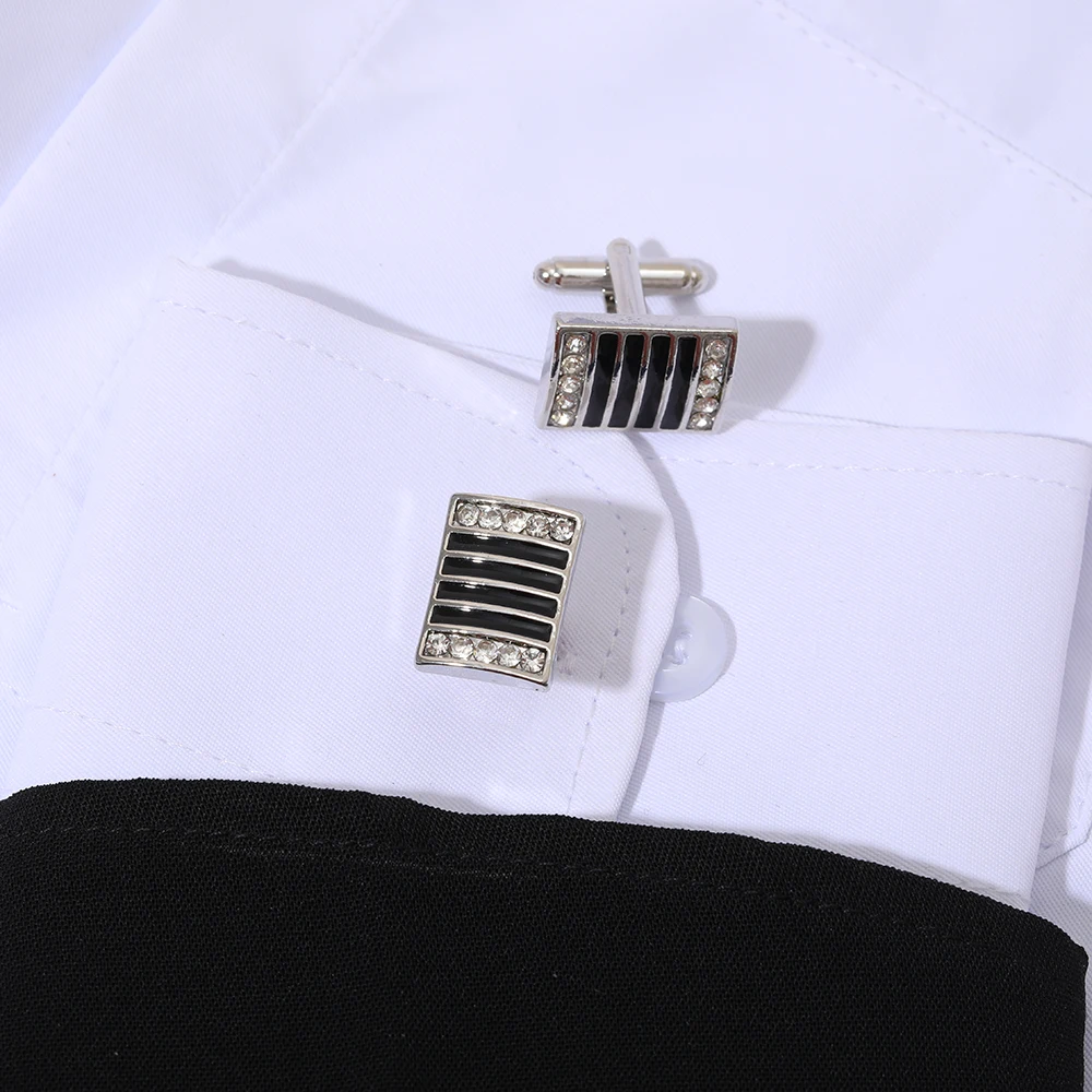 Wholesale 2 Pcs Rectangle Stripe Cufflinks Crystal Oblong Cuff Links For Mens Boys Tuxedo Shirts Business Wedding Silver Tone