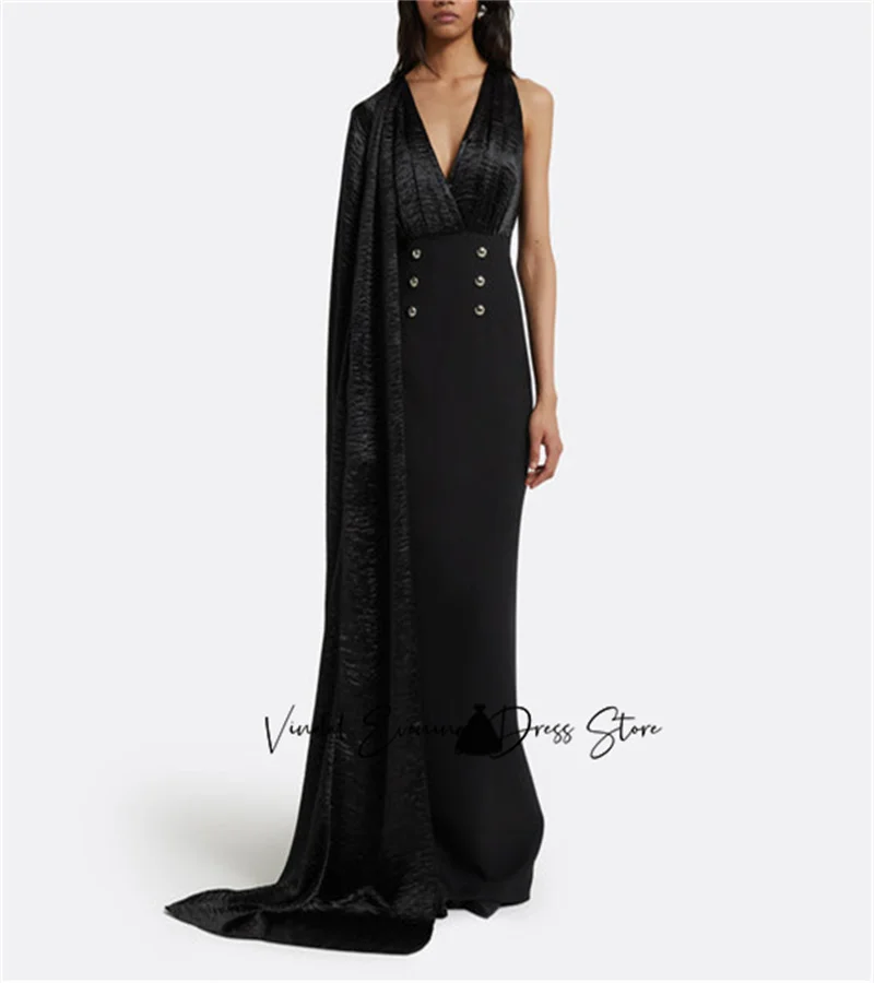 Vindal V-neck Neckline Crushed Satin with Drape Gown In Black Heavy Crepe Sleeveless Custome 2025 Saudi Evening Formal Dress