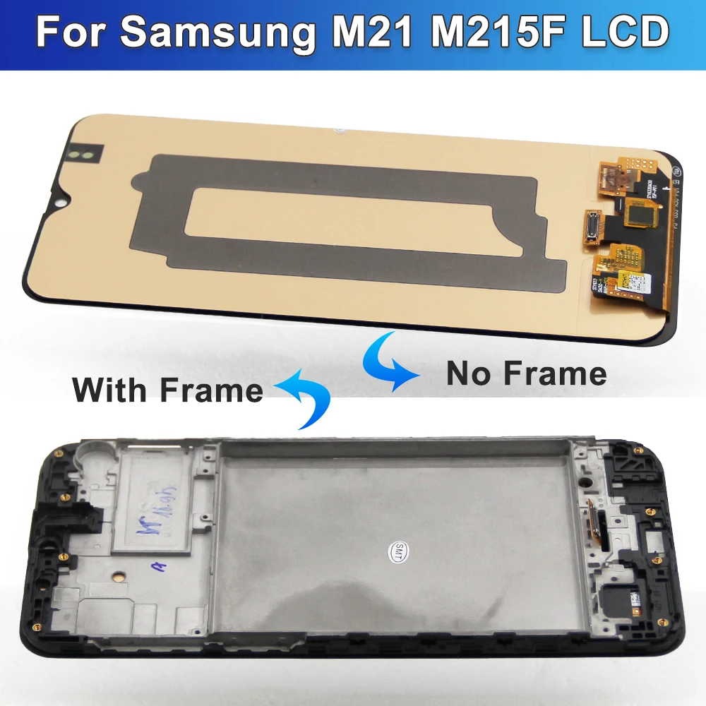 Montagem do painel de tela sensível ao toque LCD AMOLED com moldura, display para Samsung M21, M215F, DS, £, 2020