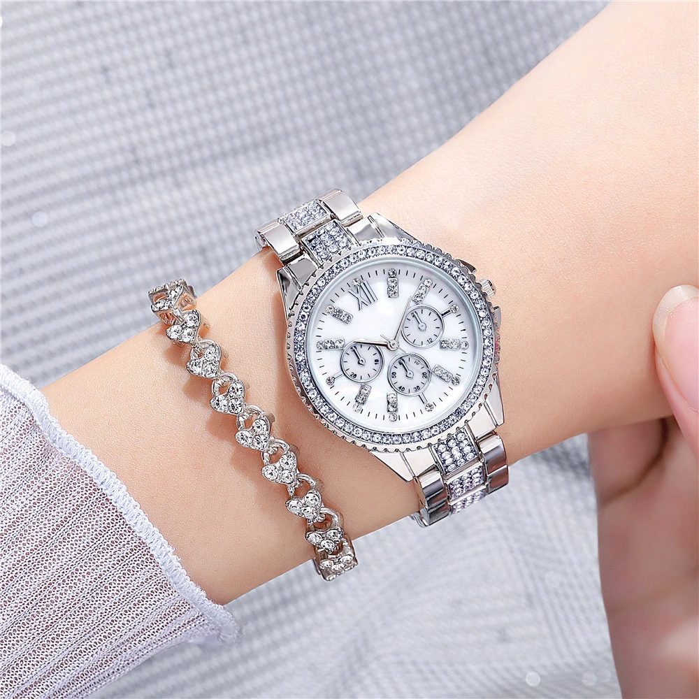 Luxury Three Eyes With Diamonds Women Quartz Watch New Fashion Brand Lady Watches Rose Gold Stainless Steel Bracelet Gift Clock