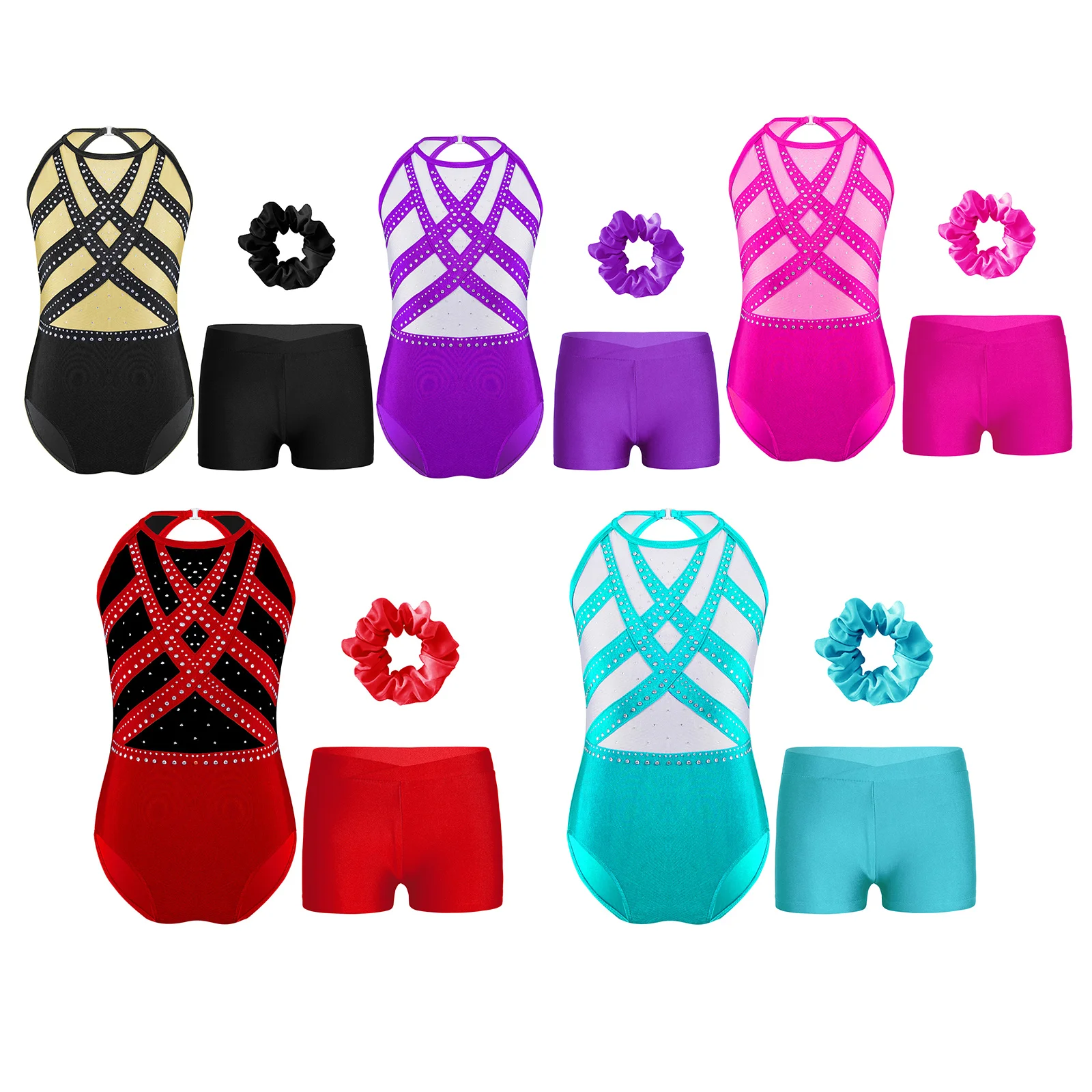 Ballet Gymnastics Sets for Kids Girls Sports Workout Fitness Outfits Sleeveless Keyhole Back Bodysuit with Shorts Headwear Suit