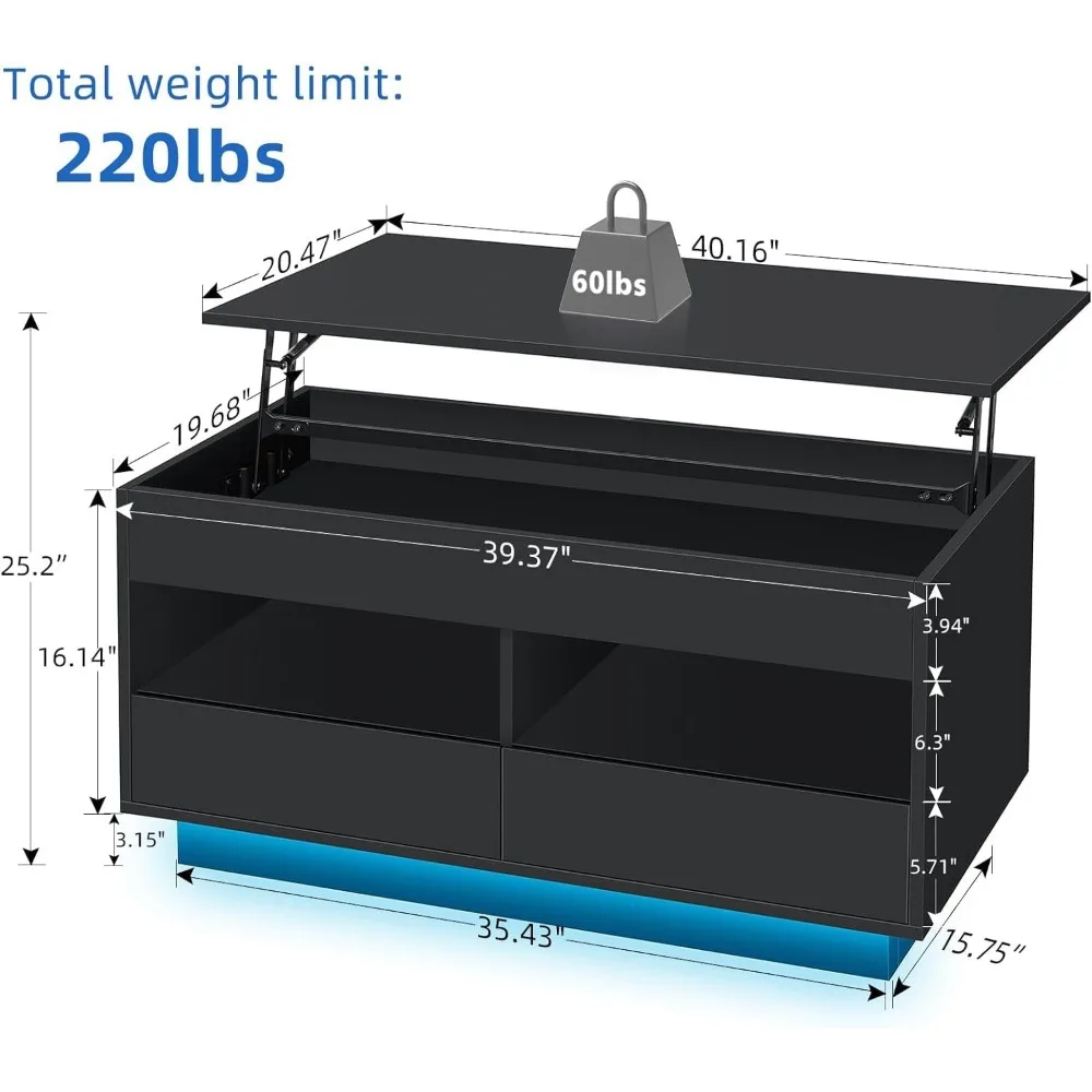 Coffee Table with LED Light Storage Black Coffee Table for Living Room  Tea Table  Compartment & 2 Open Shelve & 2 Drawers