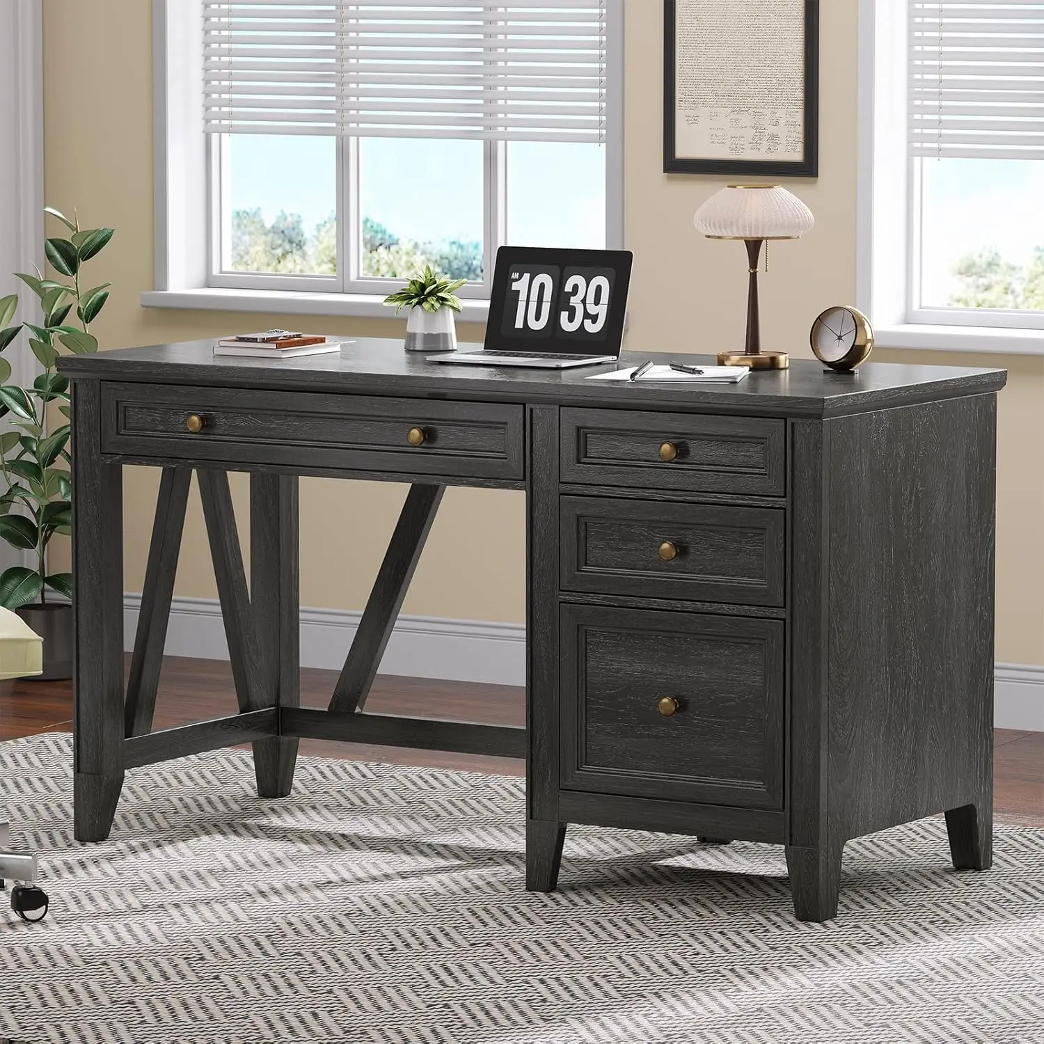 

54" Rustic Executive Desk with Charging Station, Storage & File Drawers, Home Office Study Writing, Brown/Black, Customized