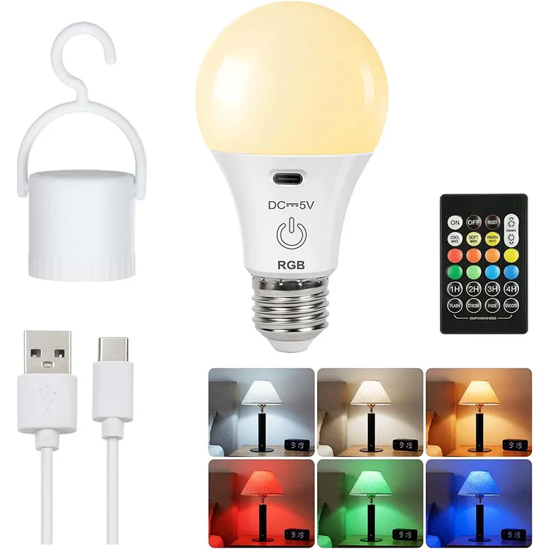 11 Color Rechargeable Light LED Bulbs -E26 Dimmable Lightbulb for Lamps | Touch Control | Timer-Camping Emergency Light