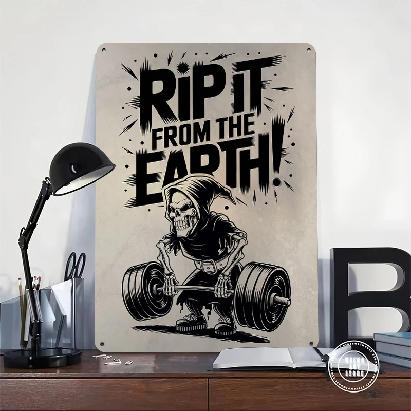 Grim Reaper Weightlifting Metal Poster Customized Wall Art Retro Vintage Metal Signs for Man Cave Aesthetic Decoration Room Home