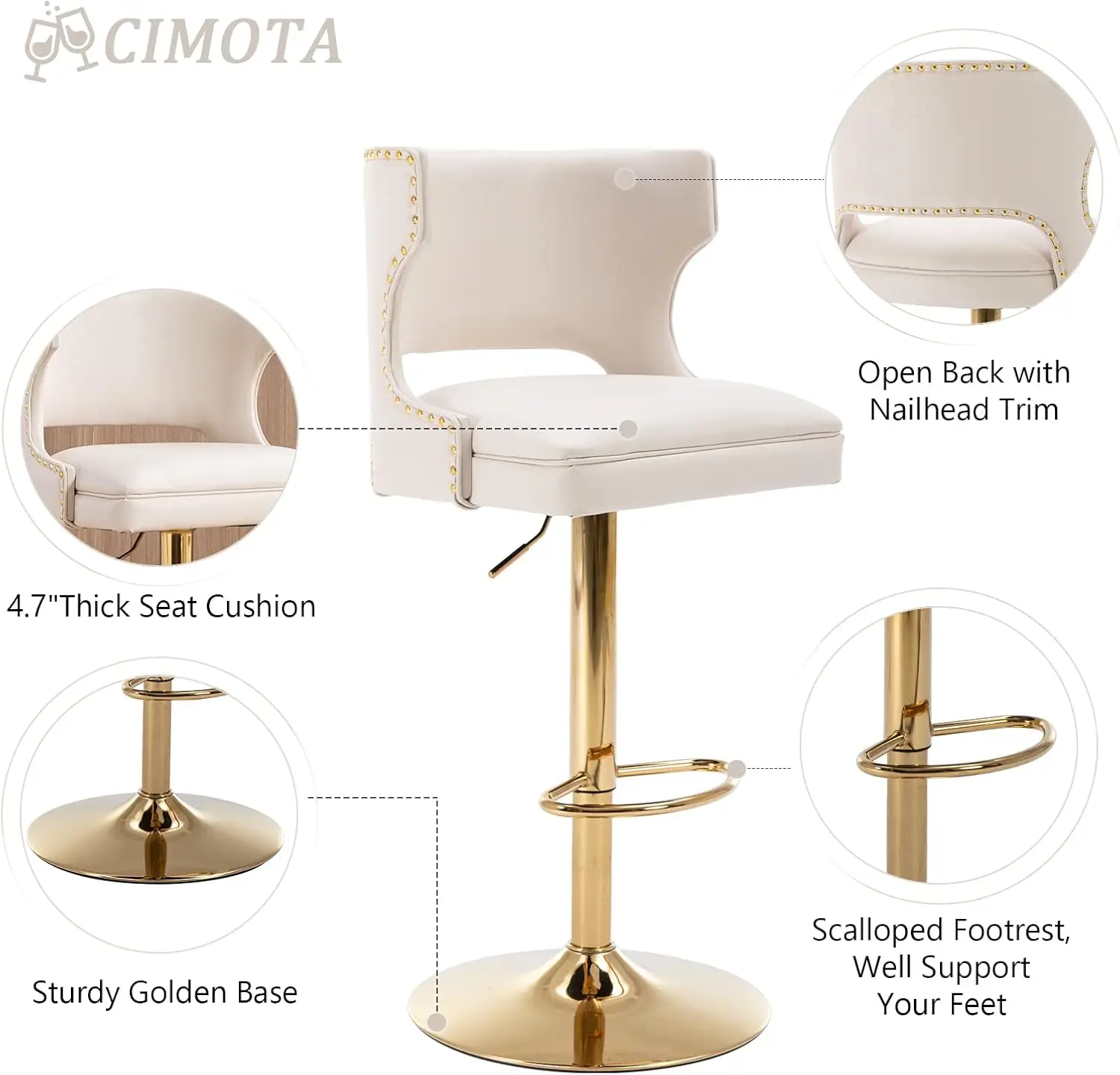 CIMOTA Swivel Bar Stools Set of 4 Adjustable Height Counter Stools Modern PU Leather Bar Stool Chairs Barstools with Open Back f