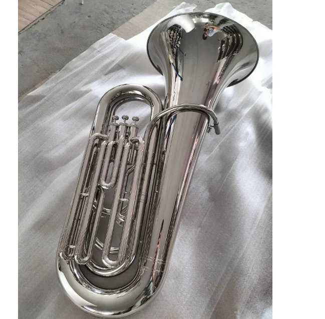 

3 Vertical Keys on the Nickel Plated Bass Tuba Brass Instrument B Flat Students Grade Professional Band Performance