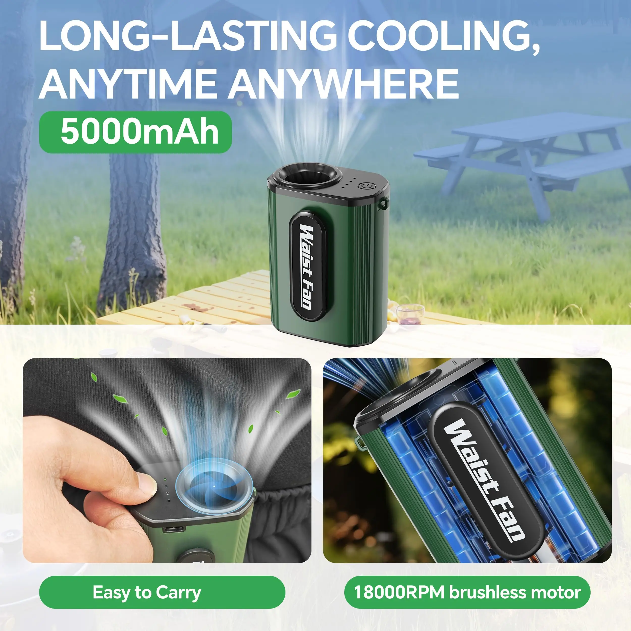 5000mAh الخصر كليب مروحة محمولة صغيرة معلقة الرقبة مروحة USB قابلة للشحن مروحة صغيرة في الهواء الطلق التخييم الخصر مروحة مع بنك الطاقة