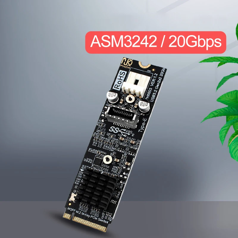 RGEEK M.2 M Key NVME PCIe to USB3.2 Front Panel Expansion Board Card 20Gbps TYPE-E Adapter Hub Riser 2280 for PC
