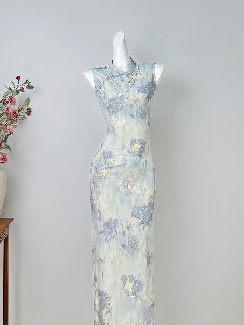 

Summer Blue Sleeveless Young Style Workwear Dress Chinese National Style Long Dress for Women Breathable Polyester ...