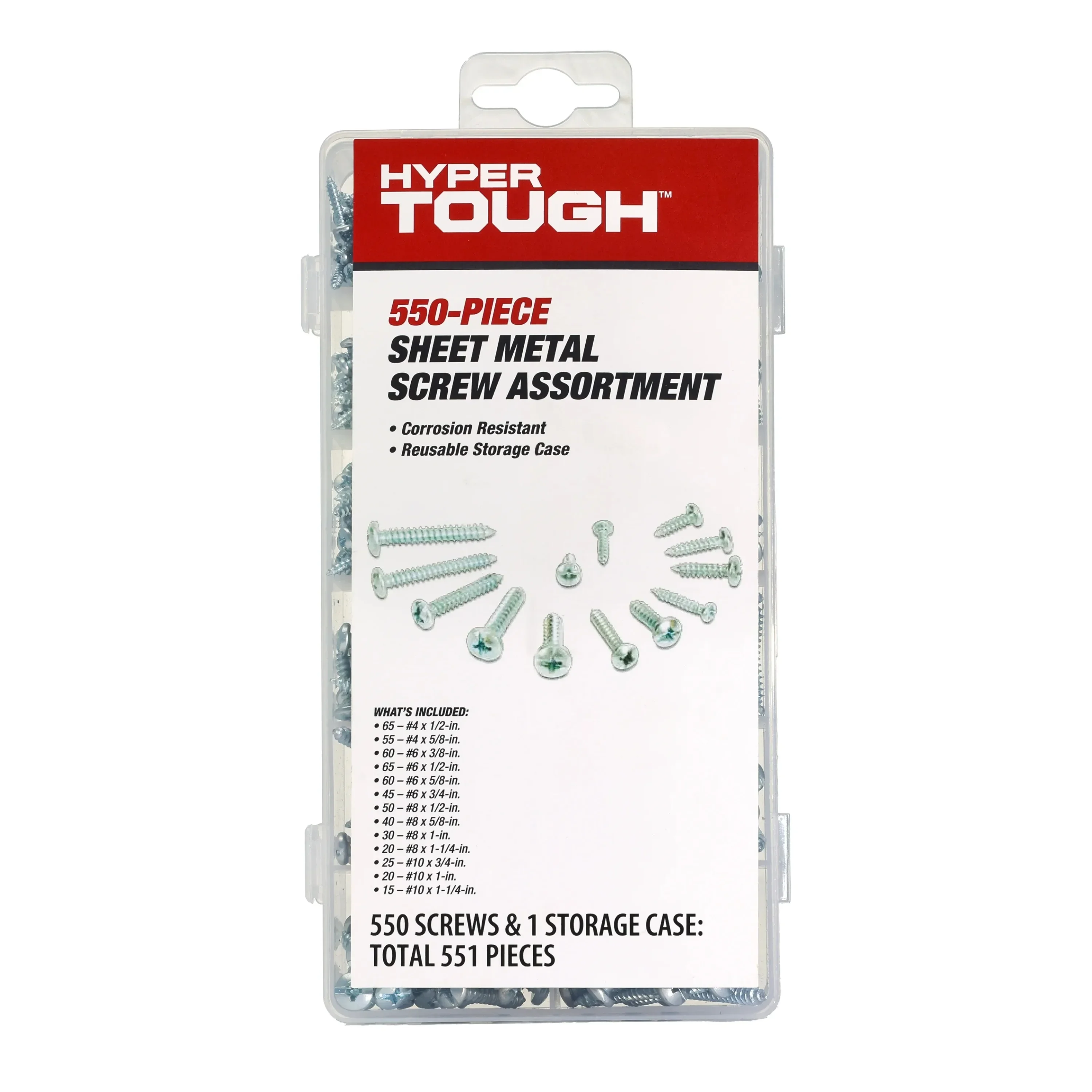 

Hyper Tough 550-Piece, Multi-Size Zinc Plated Sheet Metal Assorted Screws with Clear Case, 80879