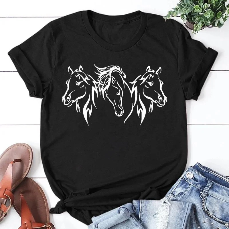 Cute Horse Head Print T-shirts For Women Summer Lovely Short Sleeve Casual T-shirts Funny Ladies Round Neck Tops