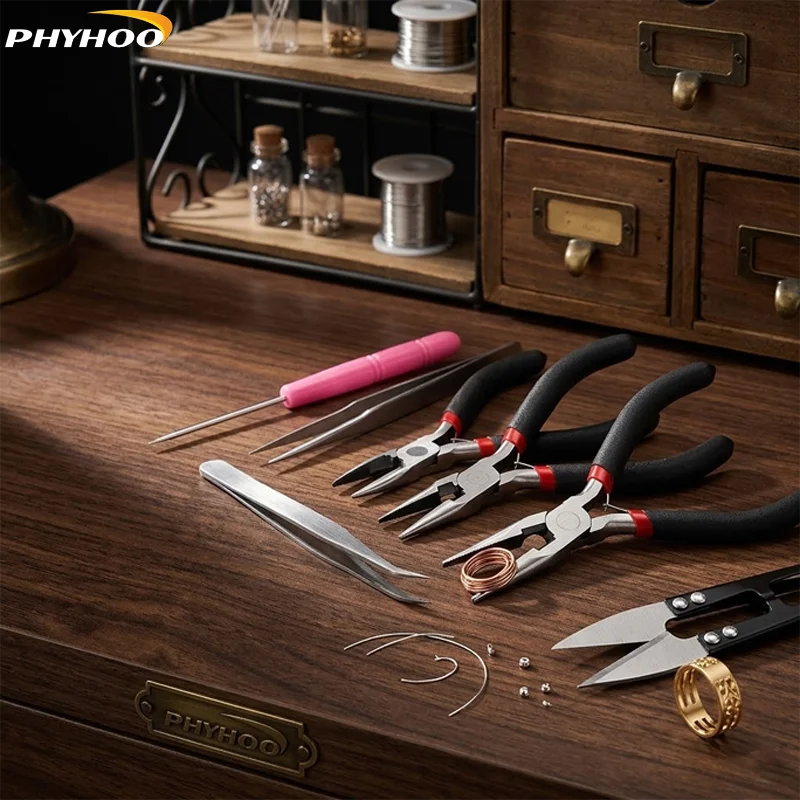 PHYHOO 8pc Jewelry Making Tools Kit Pliers Wire Cutter Tweezers Beading Awl for DIY Repair Bracelet Necklace Earring Craft Suppl