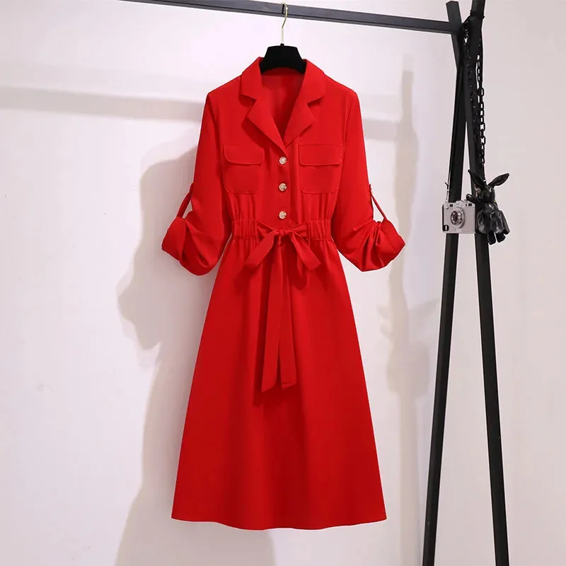 Rot Vestidos Weibliche 2025, Frühling Herbst Sommer Neue Große Größe frauen Kleid Mode Lässig Lose Temperament Hemd Kleider Damen