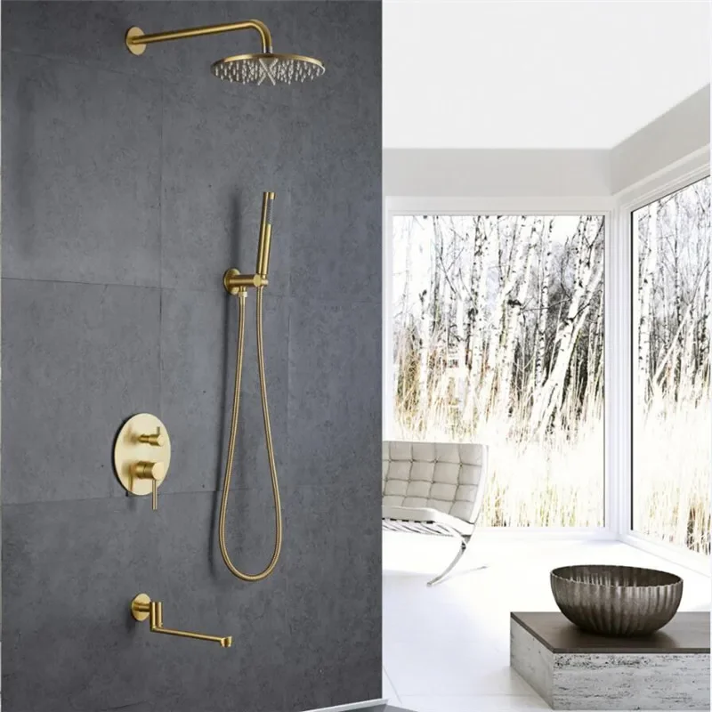 

Bathroom Set Brushed Gold Round Rainfall Shower Faucet Wall or Ceiling Wall Mounted Mixer 10" Head