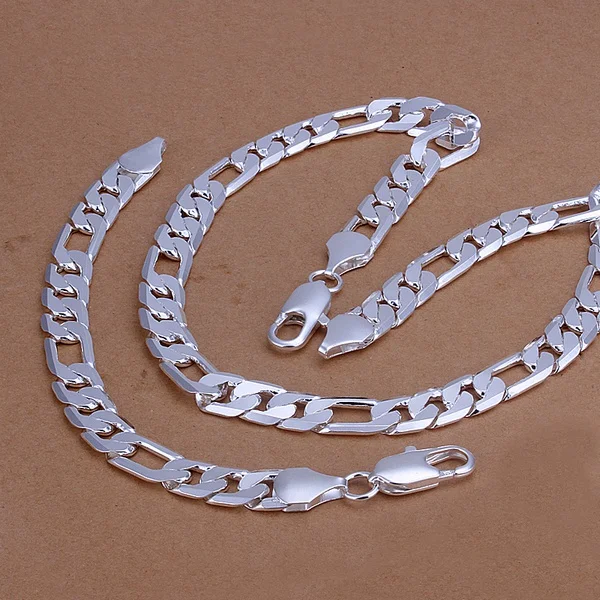 

wholesale high-quality European style retro for Men 12MM Figaro chain fashion Silver color necklace bracelets jewelry Set