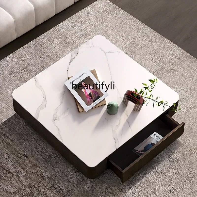 

cqyLiving Room Coffee Table Stone Plate Minimalist Light Luxury High-Grade Smoked Wood Rounded Corner Square Coffee Table