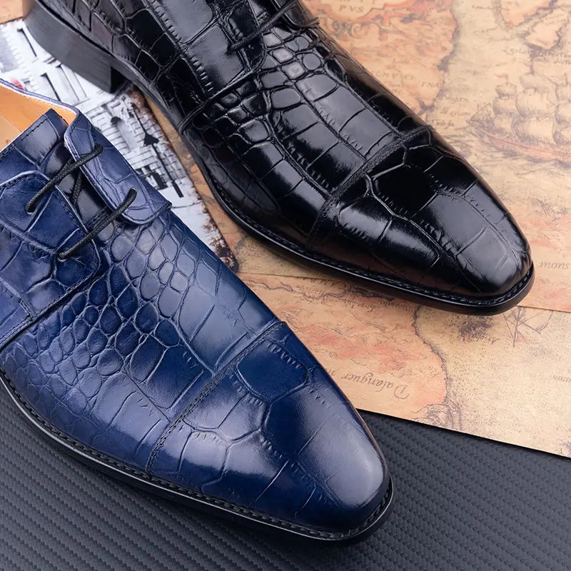 Good Price Formal Men's Leather Derby Shoes Genuine Cowhide Lace-Up Business Dress Wedding Party Blue Color Fashion Man Shoe New
